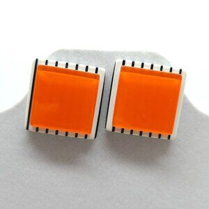 Vintage Orange Black Striped Acrylic Square 1980s Clip-On Earrings